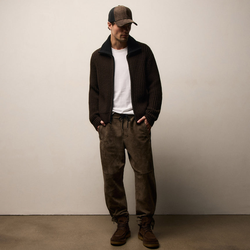 Heavy Rib Cashmere Zip Front Sweater - Kona/Black