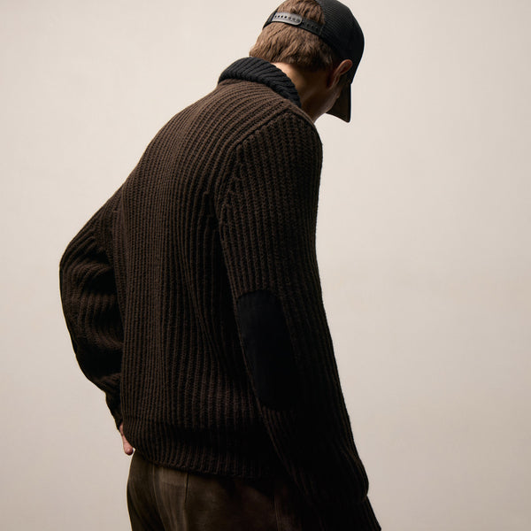 Heavy Rib Cashmere Zip Front Sweater - Kona/Black