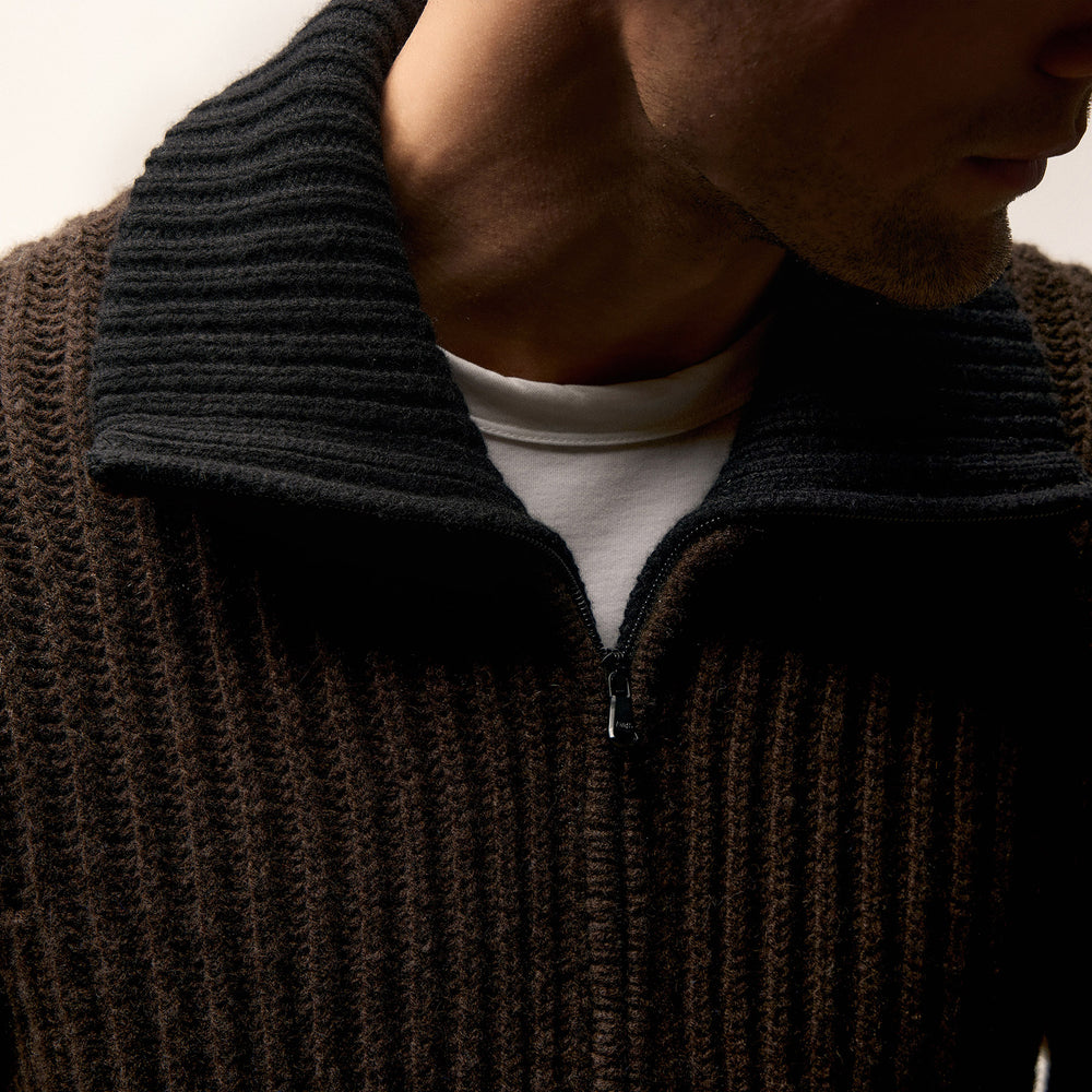 Heavy Rib Cashmere Zip Front Sweater - Kona/Black