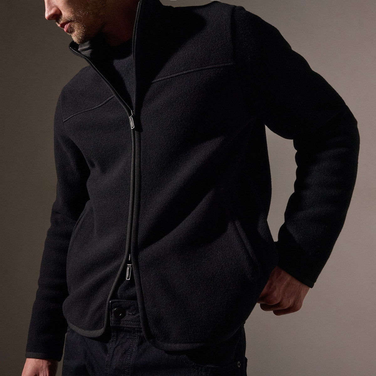 Wool Jersey Zip Front Funnel Neck in Black/Black | James Perse Los Angeles