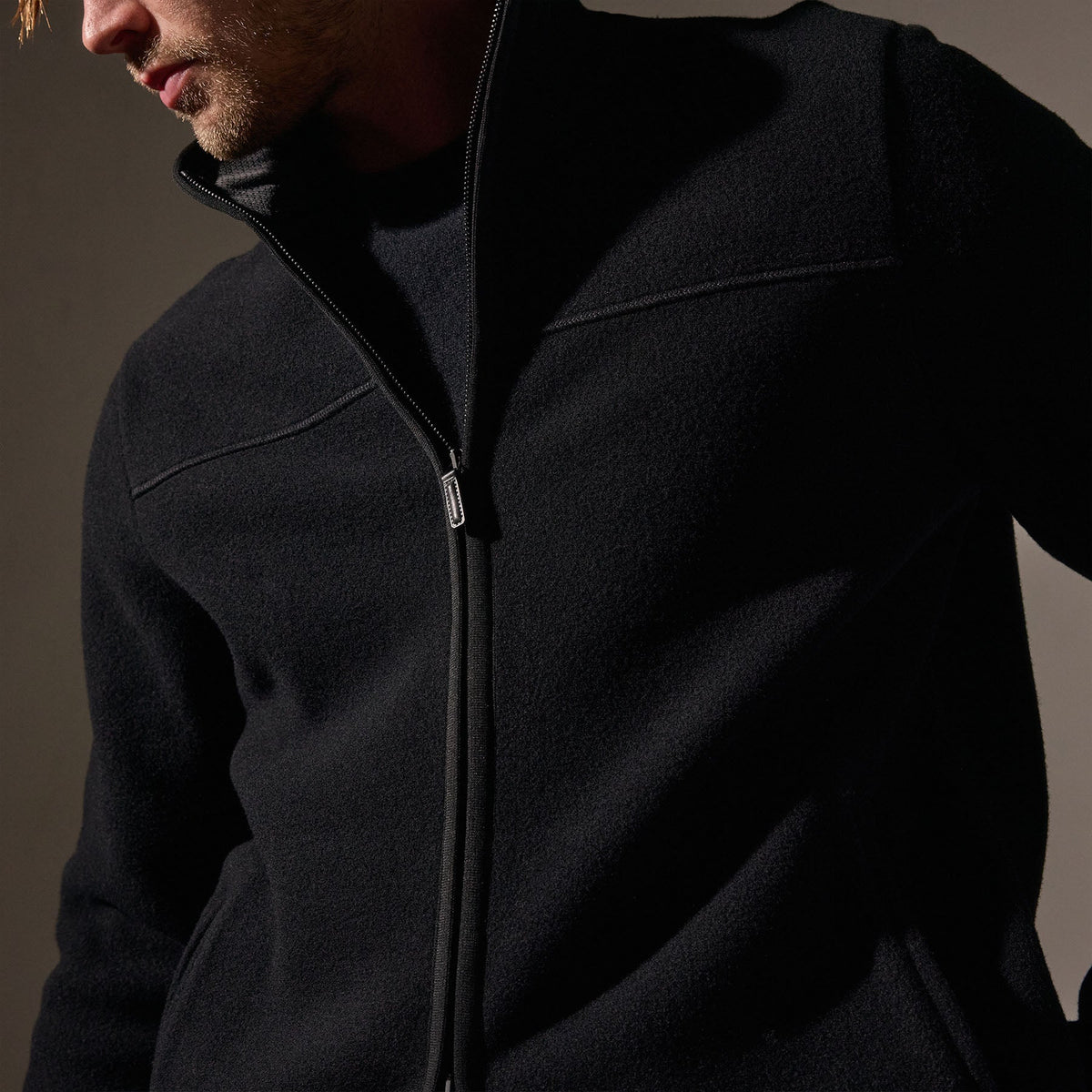 Wool Jersey Zip Front Funnel Neck in Black/Black | James Perse Los Angeles