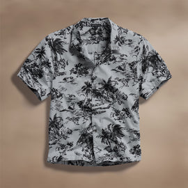 Island Poplin Print Short Sleeve Shirt in Grey Glacier Pigment/Black | James Perse Los Angeles