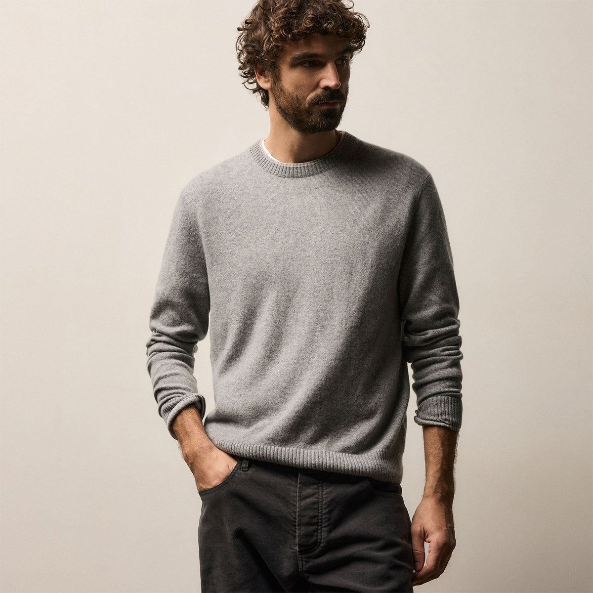 Contrast Trim Cashmere Crew - Heather Grey/Pearl | James Perse Los 
