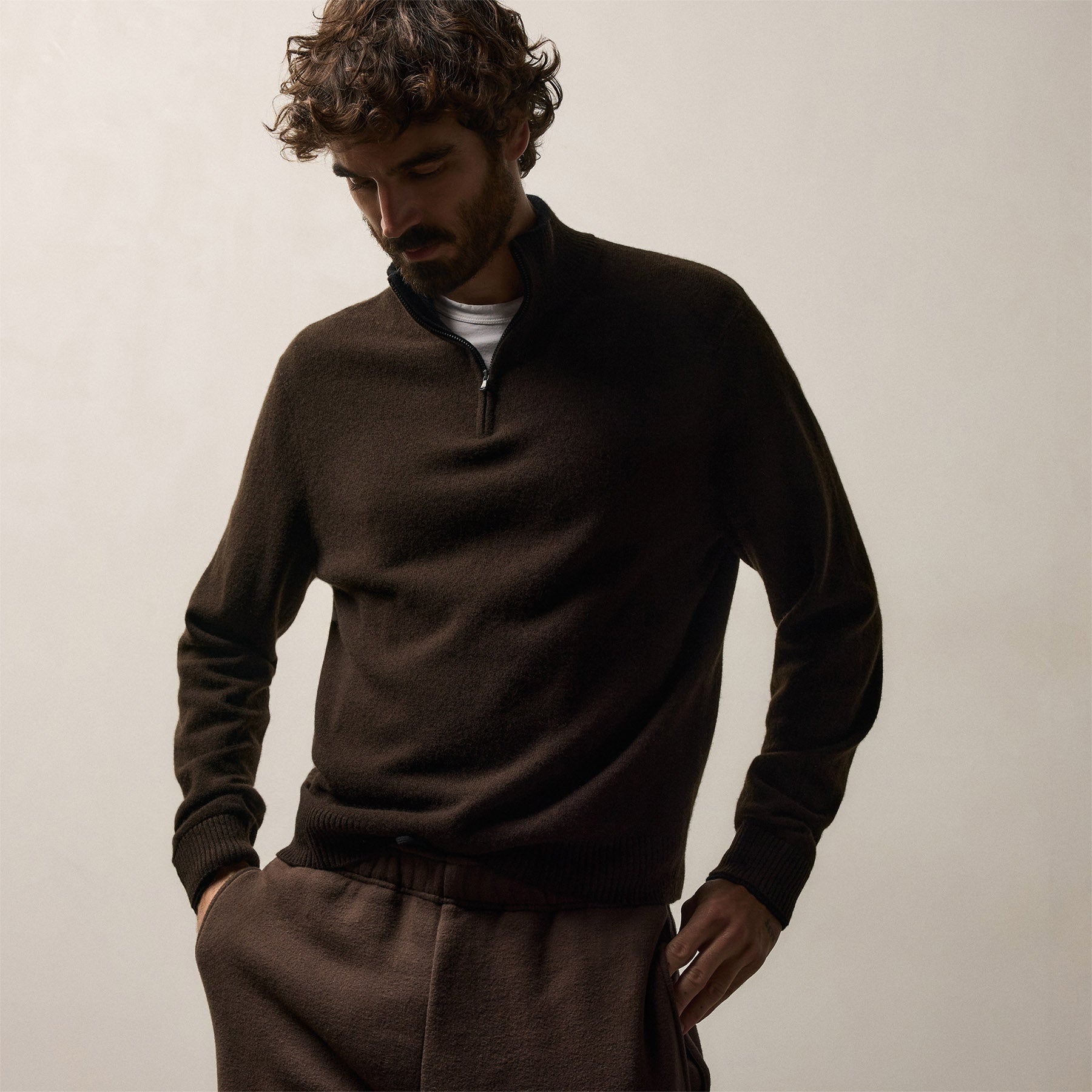 Half Zip Cashmere Funnel Neck - Kona/Black | James Perse Los Angeles