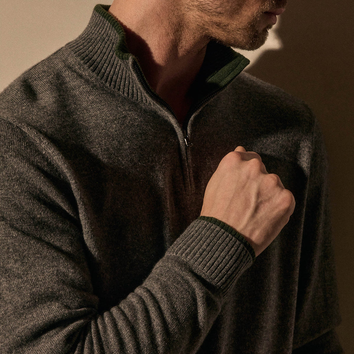 Italian Spun Cashmere Half Zip in Mid Grey/Forest | James Perse Los Angeles