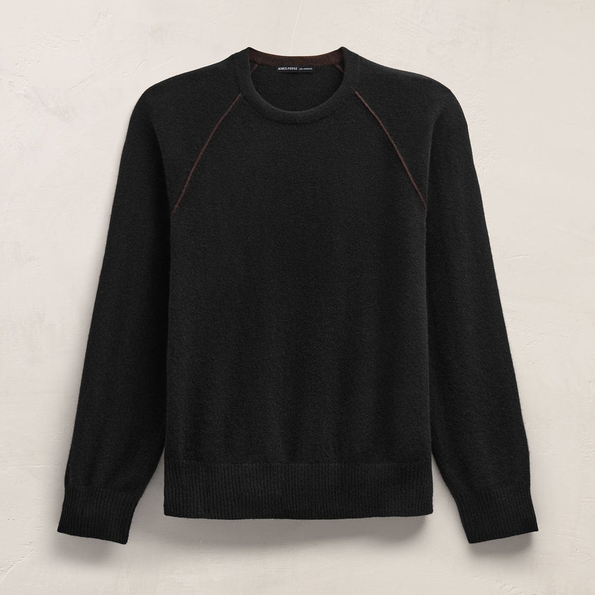 Italian Spun Cashmere Raglan Piped Crew in Black/Kona | James Perse Los Angeles FLAT