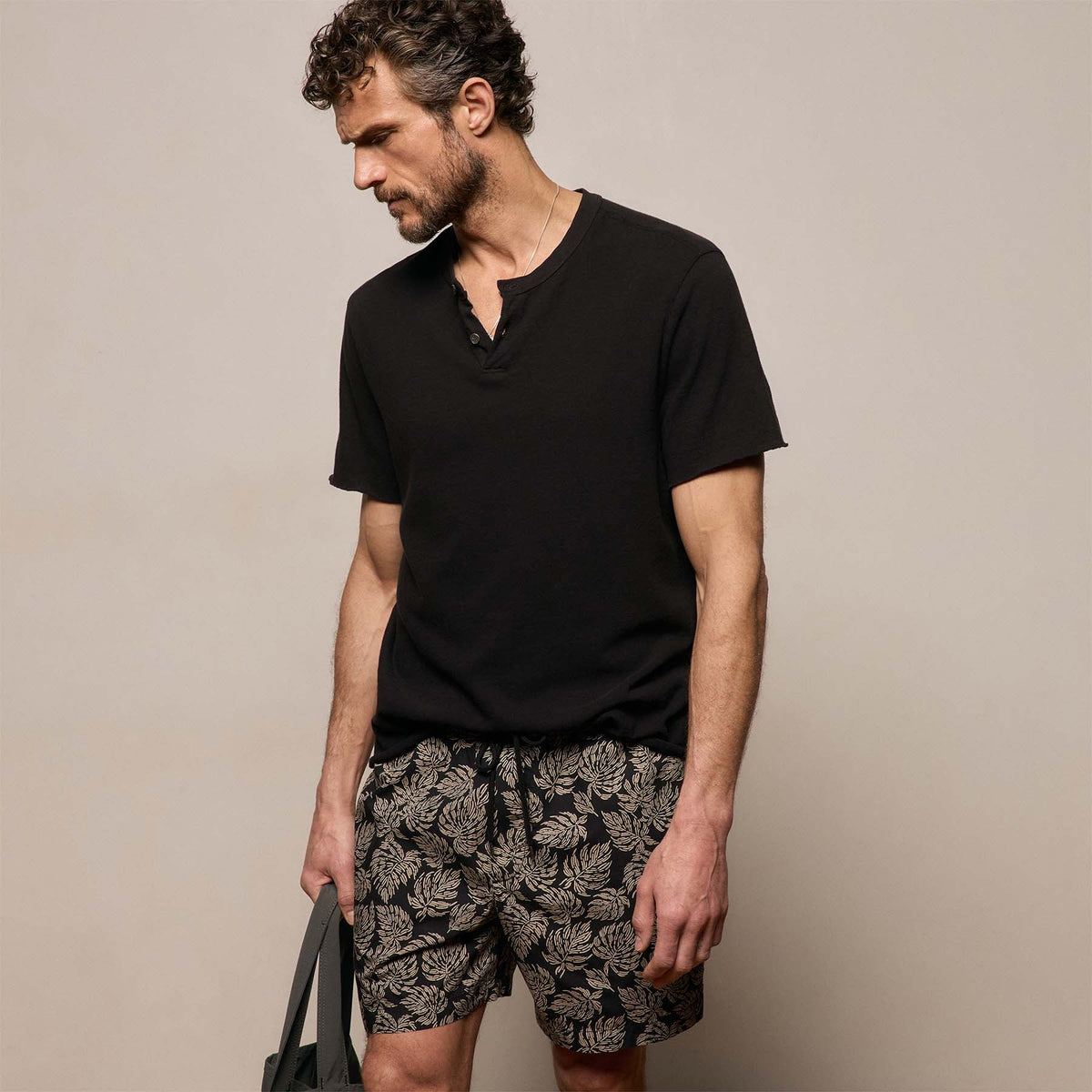 Slub Jersey Short Sleeve Henley in Black | James Perse Los Angeles