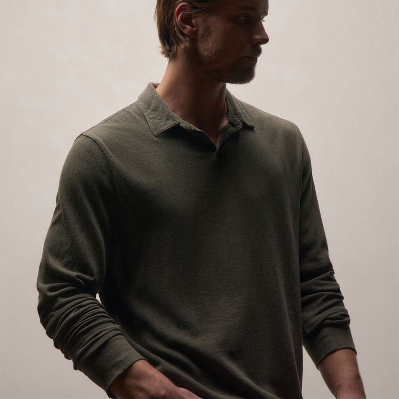 Slub Jersey Long Sleeve Open Polo in Army Green Pigment | James Perse Los Angeles