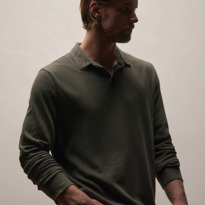 Slub Jersey Long Sleeve Open Polo in Army Green Pigment | James Perse Los Angeles