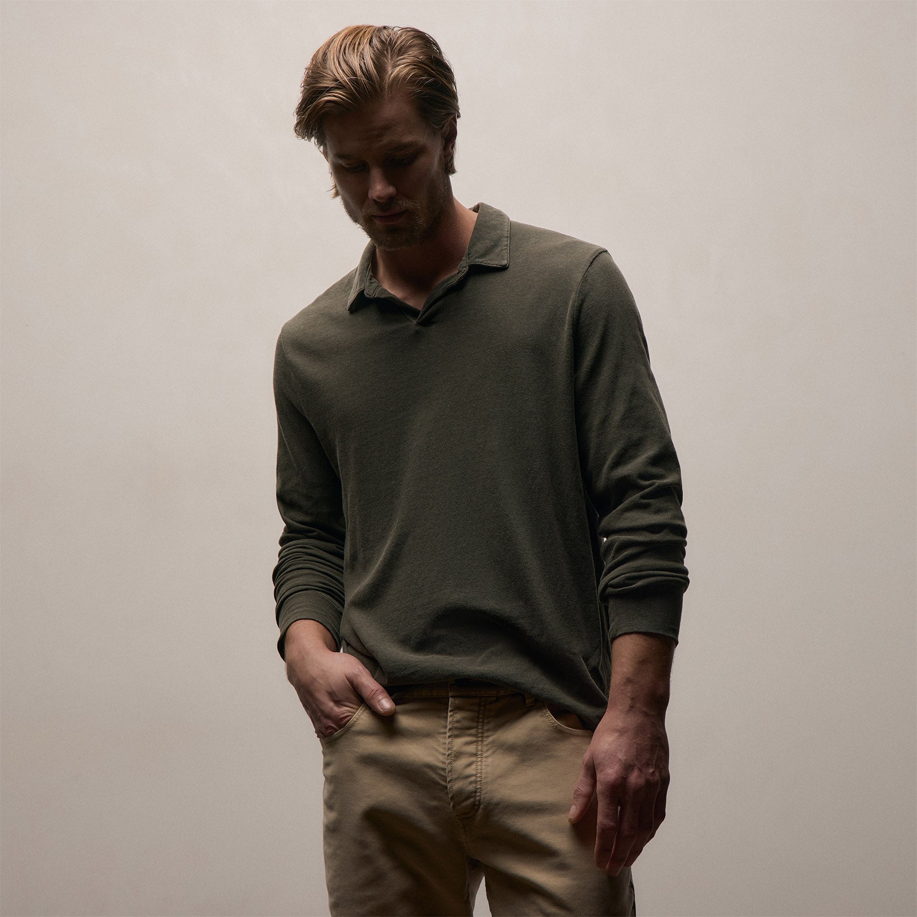 Slub Jersey Long Sleeve Open Polo in Army Green Pigment | James Perse Los Angeles