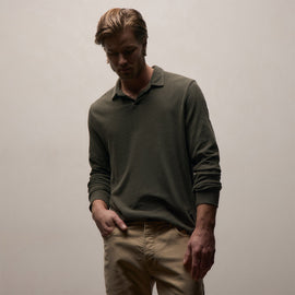 Slub Jersey Long Sleeve Open Polo in Army Green Pigment | James Perse Los Angeles