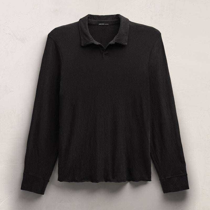 Slub Jersey Long Sleeve Open Polo in Black | James Perse Los Angeles