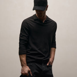 Slub Jersey Long Sleeve Open Polo in Black