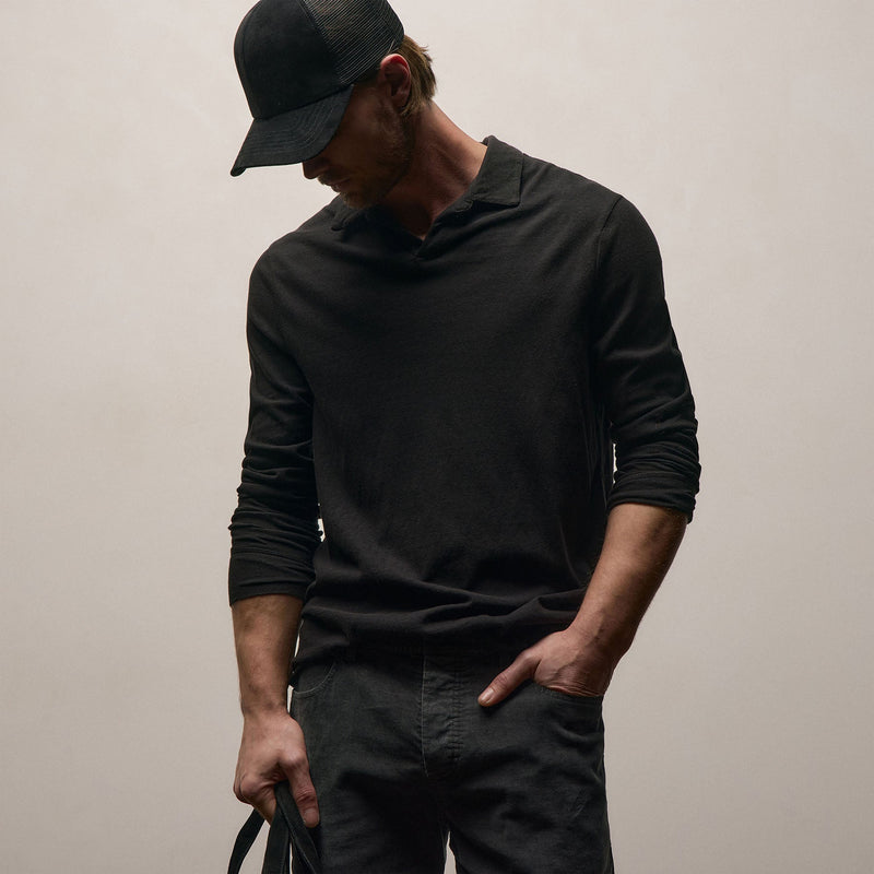 Slub Jersey Long Sleeve Open Polo in Black | James Perse Los Angeles