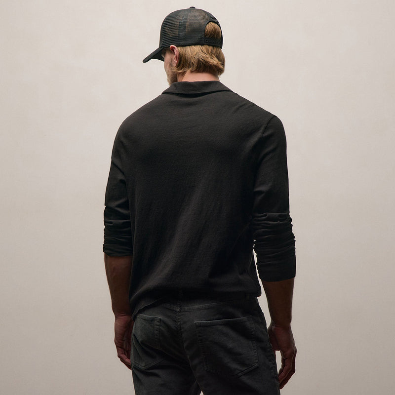 Slub Jersey Long Sleeve Open Polo in Black | James Perse Los Angeles