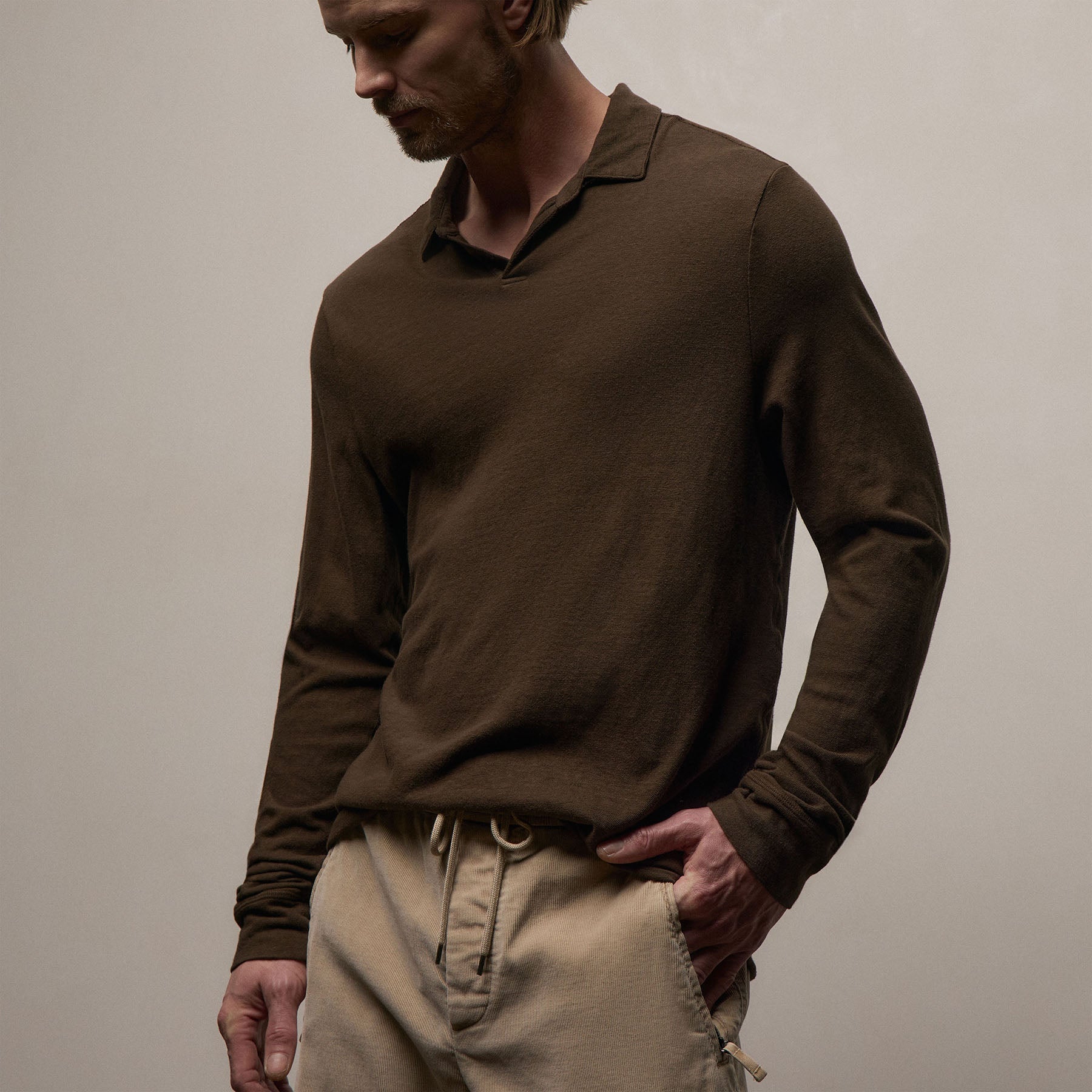 Slub Jersey Long Sleeve Open Polo - Porcupine | James Perse Los