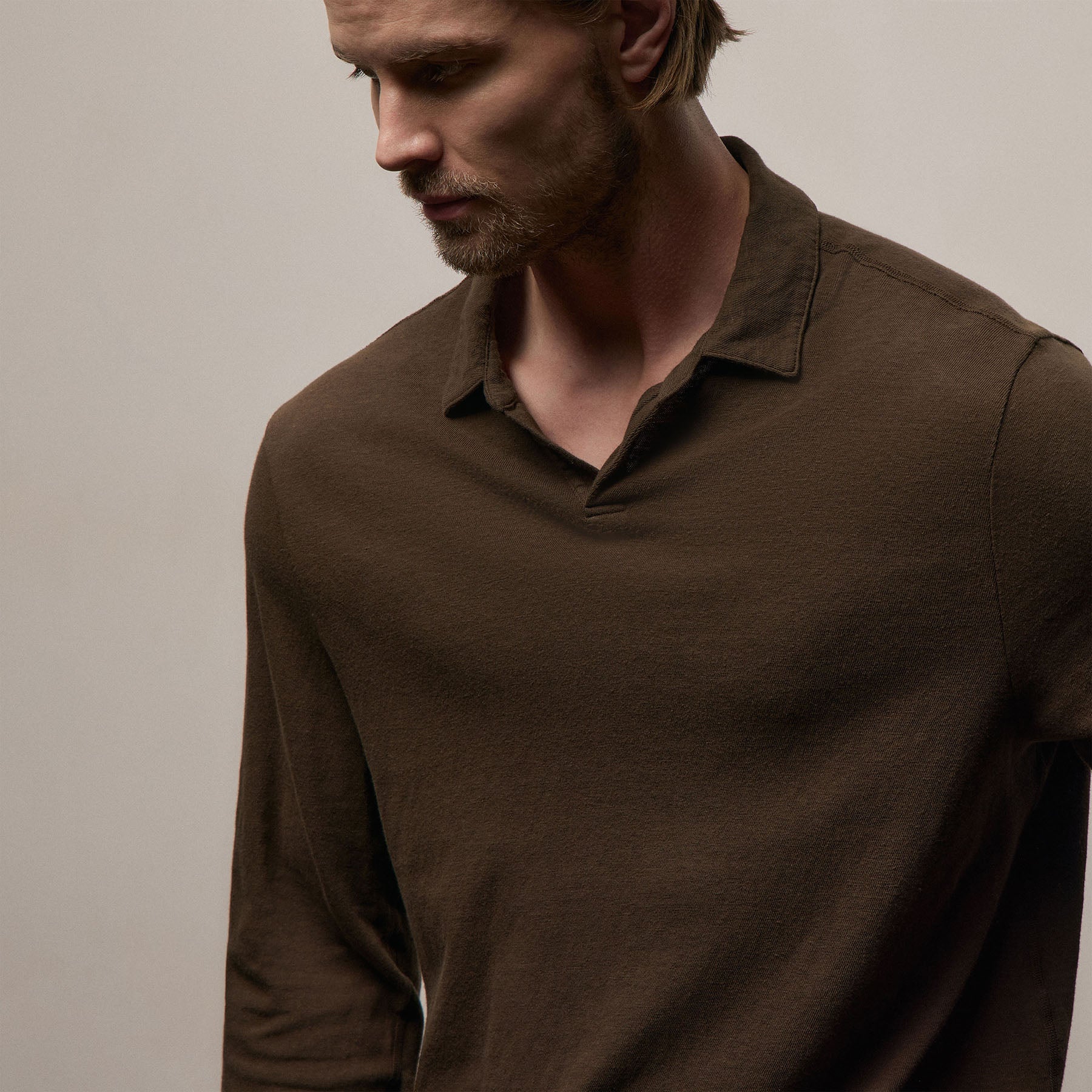Slub Jersey Long Sleeve Open Polo - Porcupine | James Perse Los