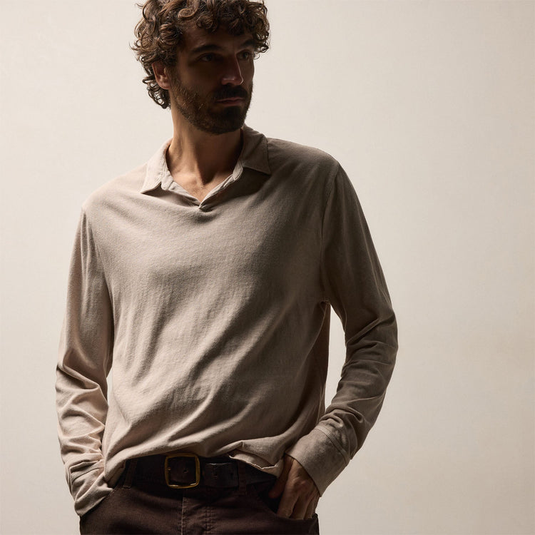 Slub Jersey Long Sleeve Open Polo in Stone Pigment | James Perse Los Angeles