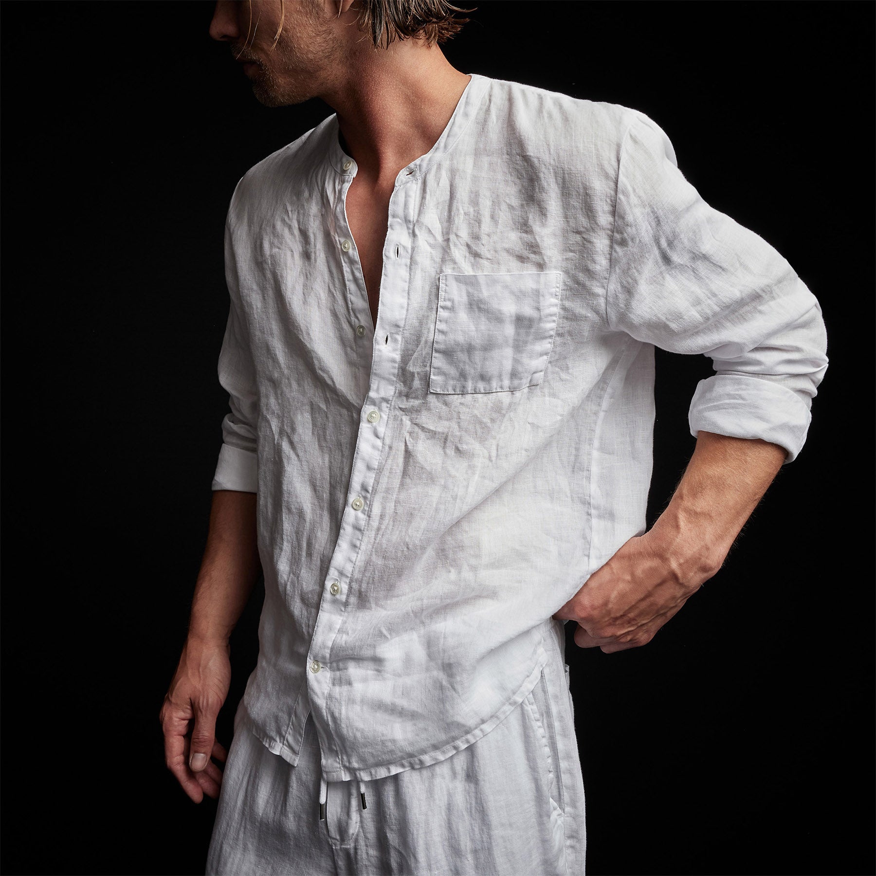 Band Collar Linen Shirt - White