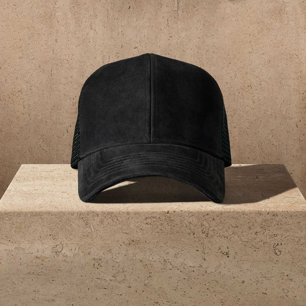 Men's Suede 6/Panel Trucker Hat in Black | James Perse Los Angeles