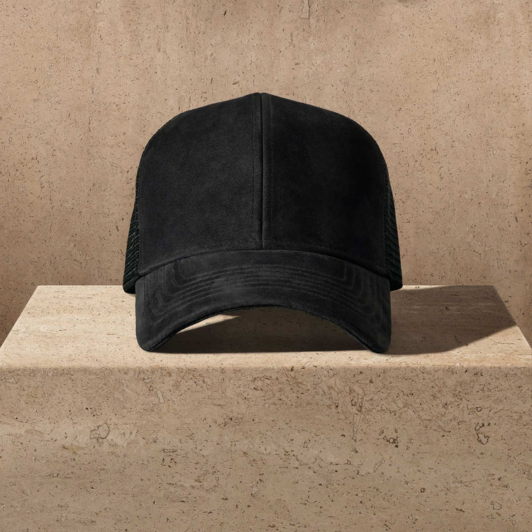 Men's Suede 6/Panel Trucker Hat in Black | James Perse Los Angeles