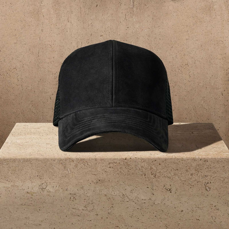 Men's Suede 6/Panel Trucker Hat in Black | James Perse Los Angeles