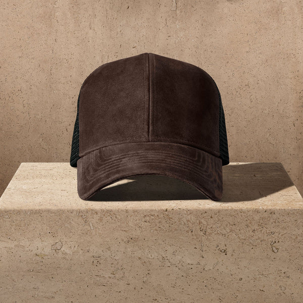 Men's Suede 6/Panel Trucker Hat in Cafe | James Perse Los Angeles