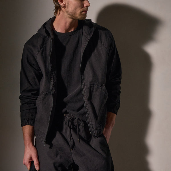 Linen Blend Zip Front Hoodie in Black | James Perse Los Angeles