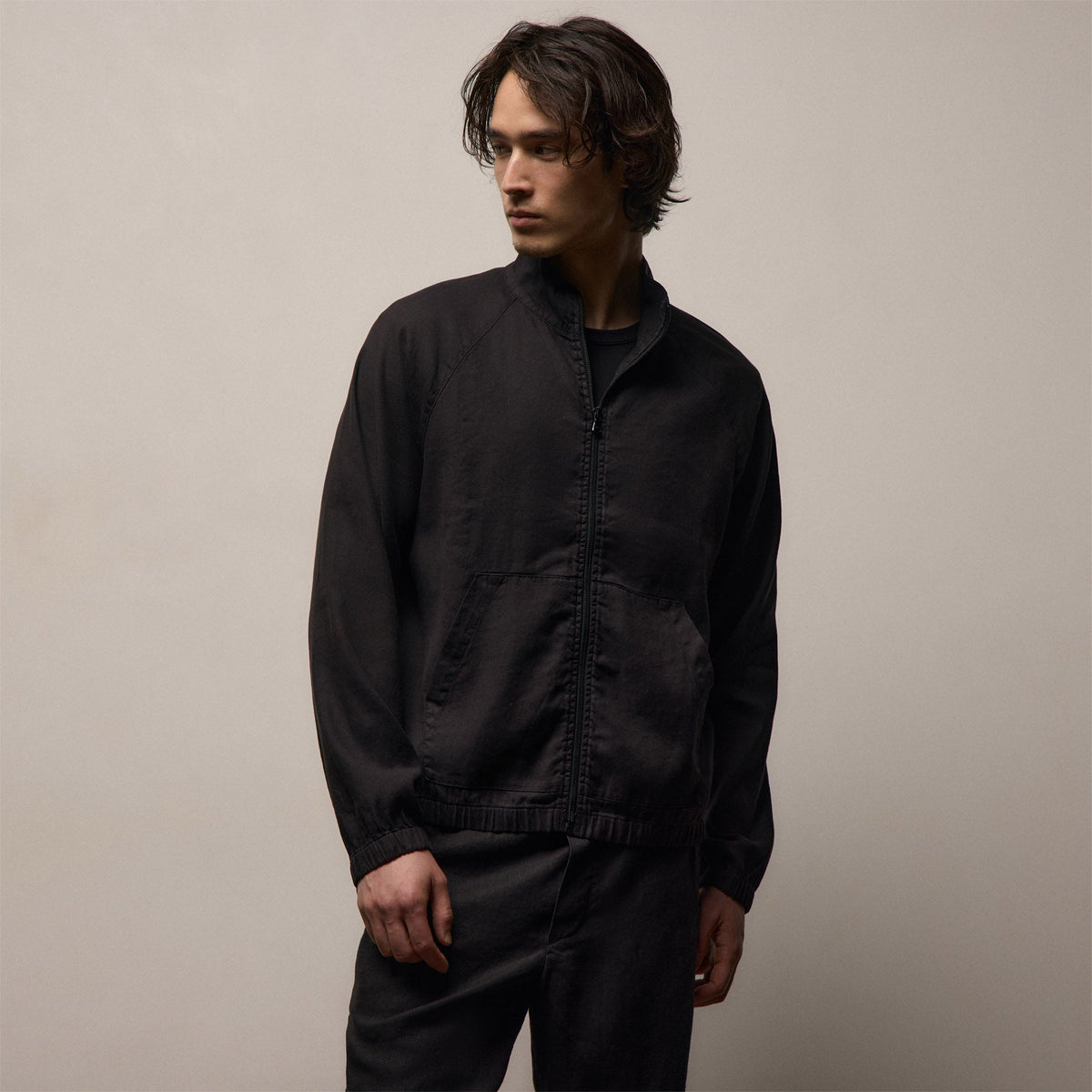 Stretch Linen Track Jacket in Black | James Perse Los Angeles