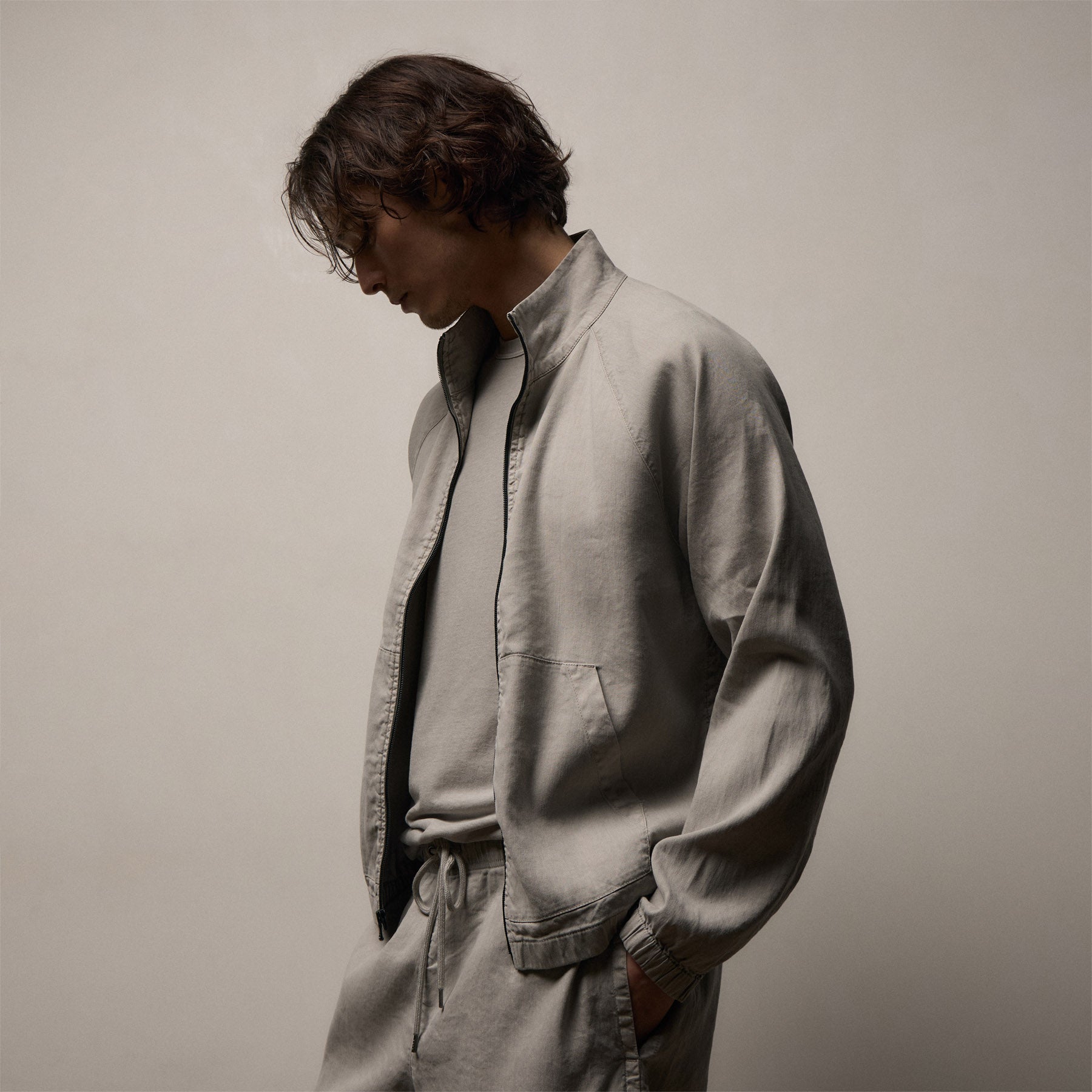 Stretch Linen Track Jacket in Fog Pigment | James Perse Los Angeles