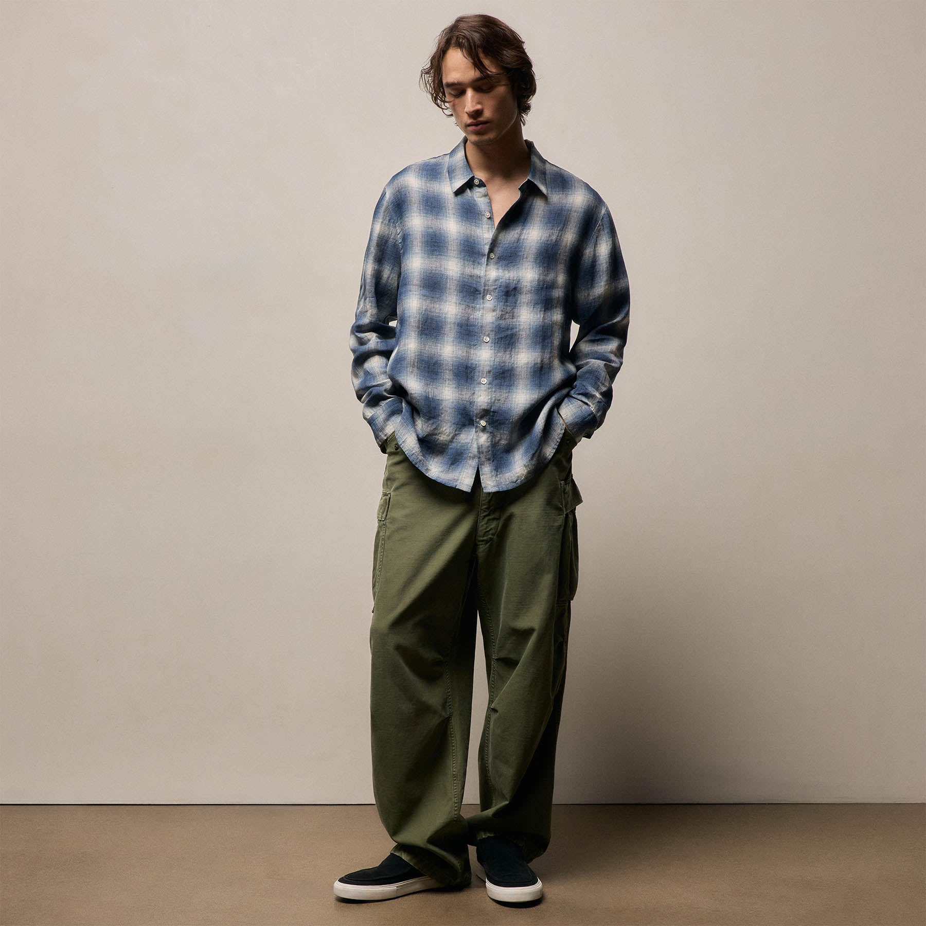 Plaid Linen Shirt in Blue Plaid | James Perse Los Angeles