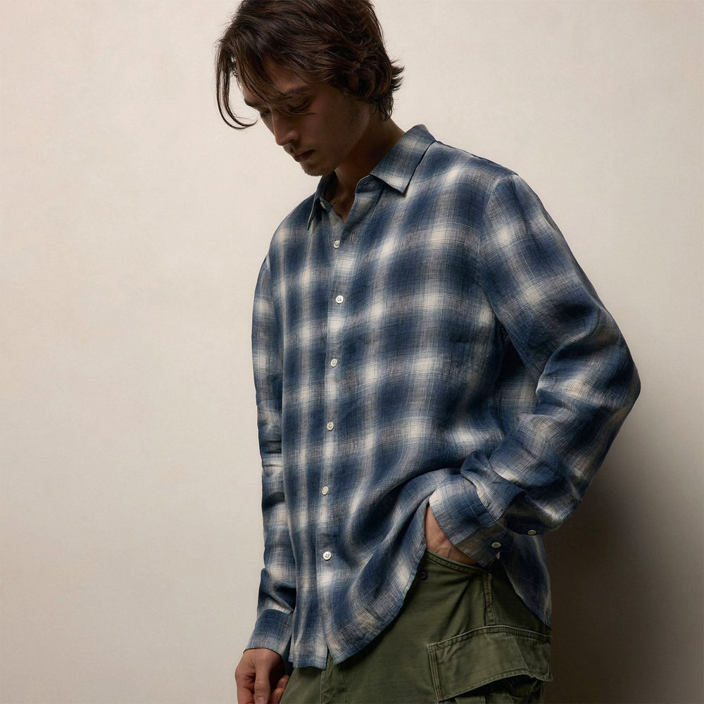 Plaid Linen Shirt in Blue Plaid | James Perse Los Angeles