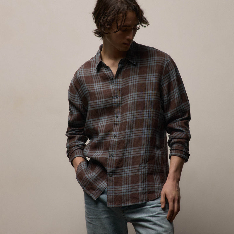 Plaid Linen Shirt in Plum Plaid | James Perse Los Angeles