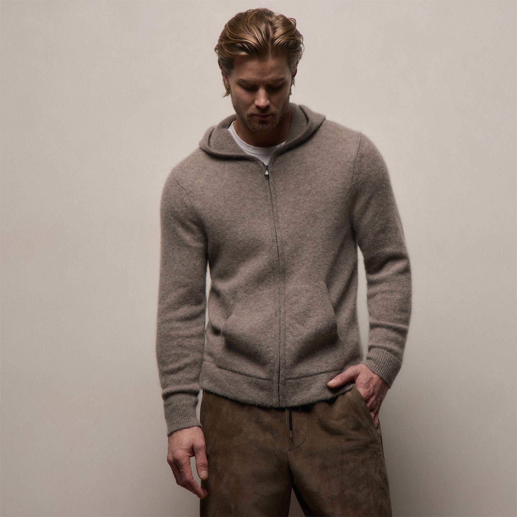 Lightweight Textured Cashmere Knit Zip Up Hoodie in Beige Melange | James Perse Los Angeles