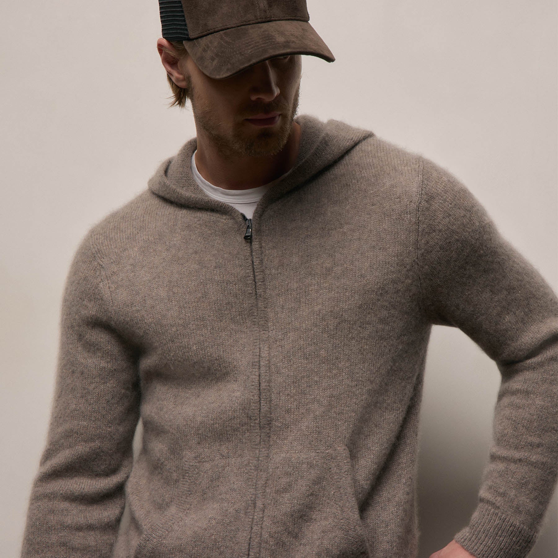 Lightweight Textured Cashmere Knit Zip Up Hoodie in Beige Melange | James Perse Los Angeles