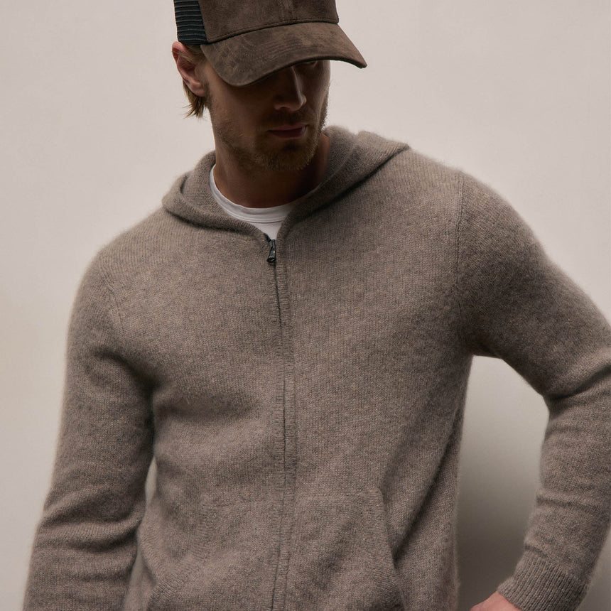 Lightweight Textured Cashmere Knit Zip Up Hoodie in Beige Melange | James Perse Los Angeles