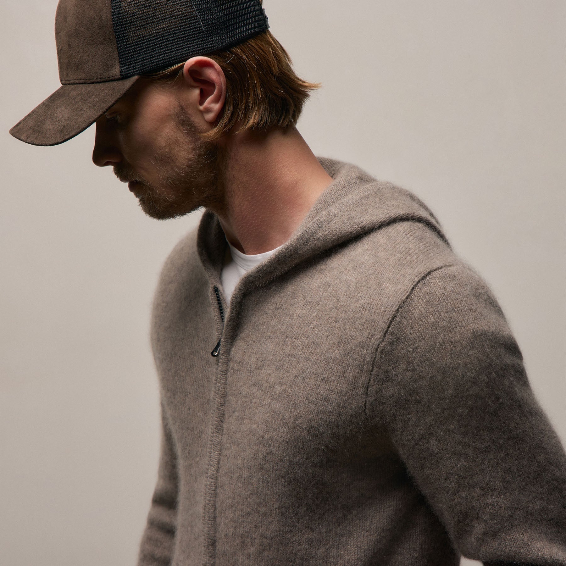Lightweight Textured Cashmere Knit Zip Up Hoodie in Beige Melange | James Perse Los Angeles