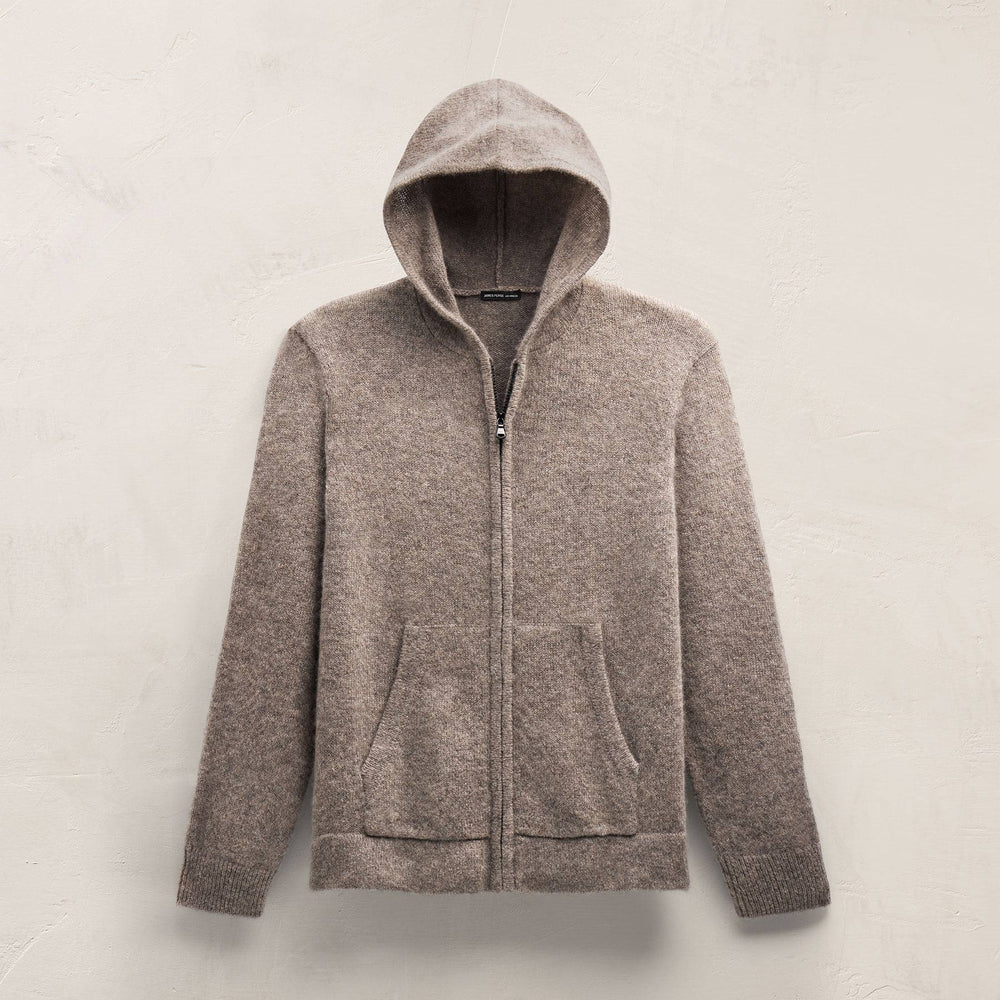 Lightweight Textured Cashmere Knit Zip Up Hoodie in Beige Melange | James Perse Los Angeles FLAT