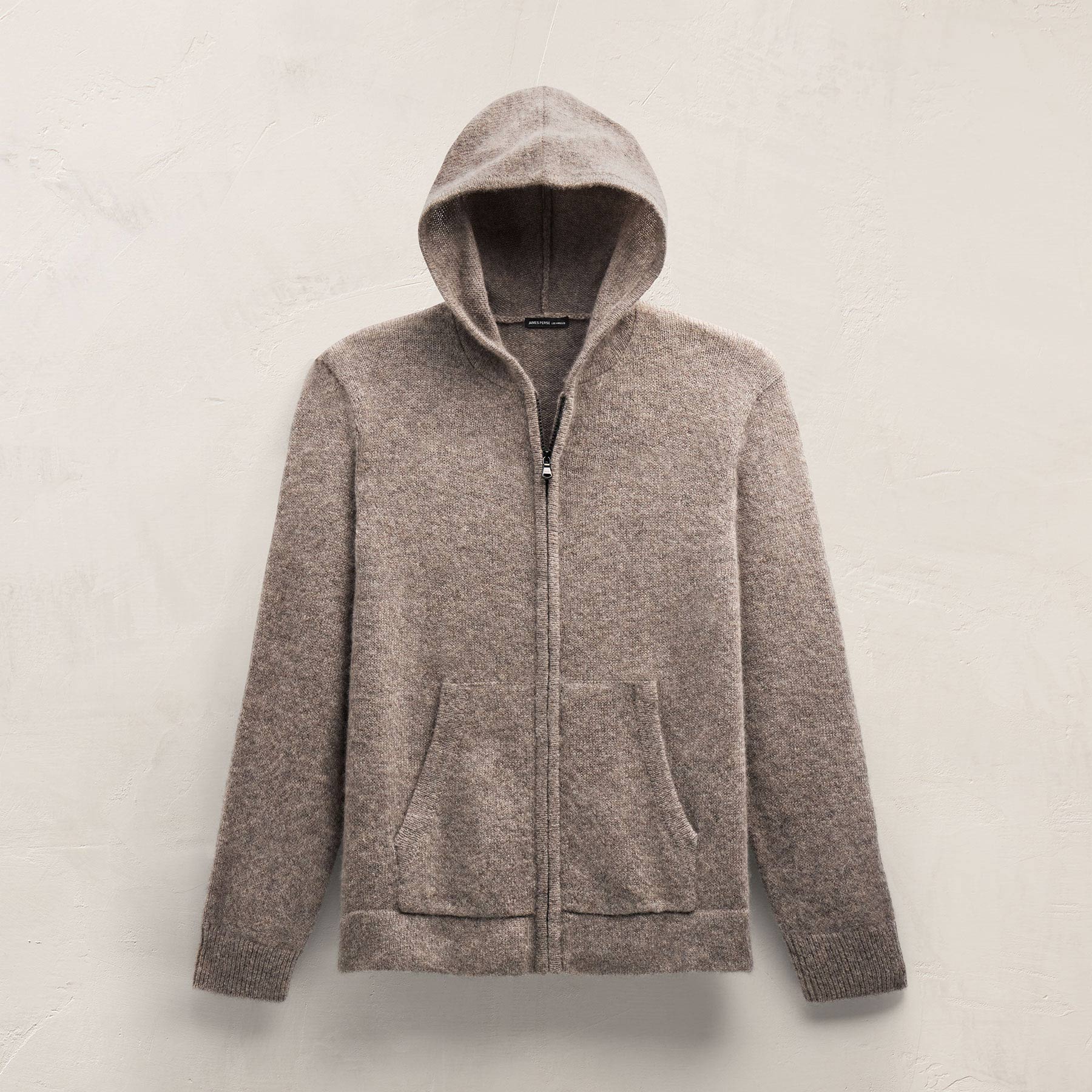 Lightweight Textured Cashmere Knit Zip Up Hoodie in Beige Melange | James Perse Los Angeles FLAT