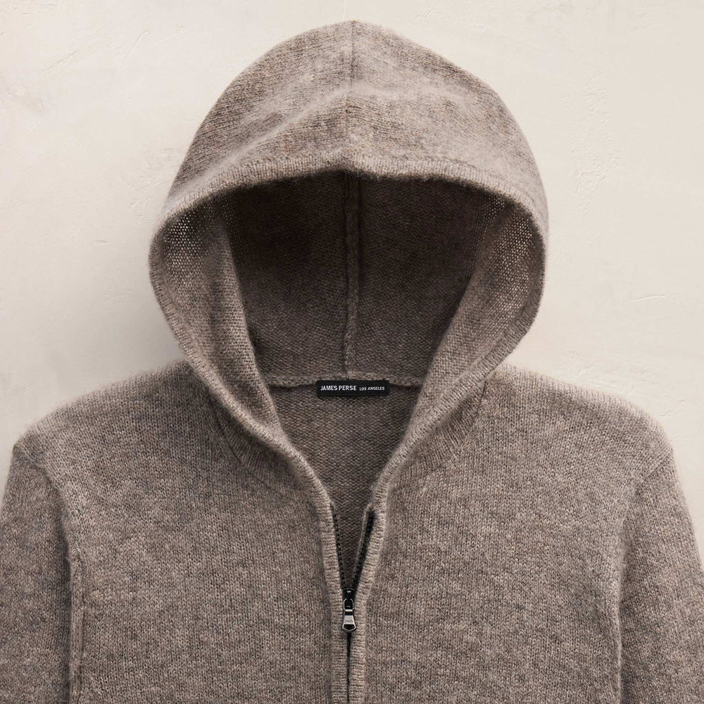 Lightweight Textured Cashmere Knit Zip Up Hoodie in Beige Melange | James Perse Los Angeles FLAT