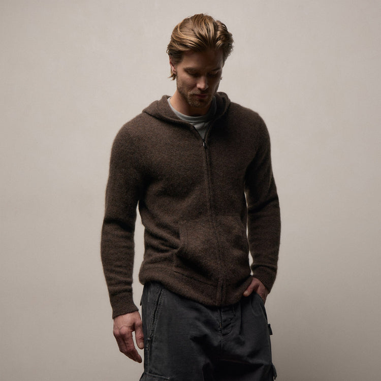 Lightweight Textured Cashmere Knit Zip Up Hoodie in Bark | James Perse Los Angeles