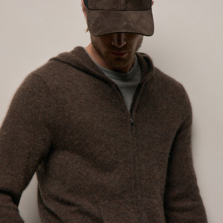 Lightweight Textured Cashmere Knit Zip Up Hoodie in Bark | James Perse Los Angeles