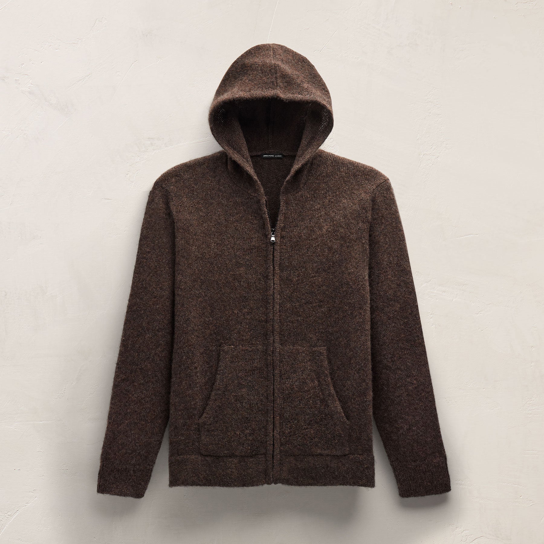 Lightweight Textured Cashmere Knit Zip Up Hoodie in Bark | James Perse Los Angeles FLAT