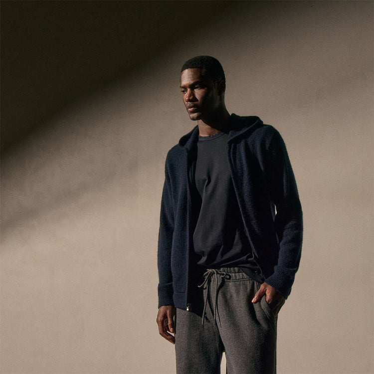 Mid Gauge Cashmere Knit Zip Up Hoodie in Deep Navy | James Perse Los Angeles