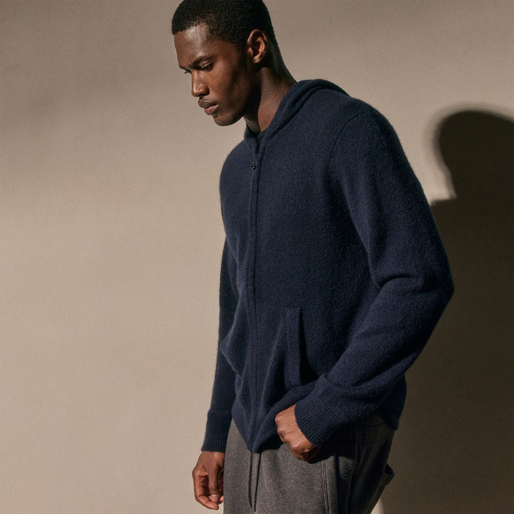 Lightweight Textured Cashmere Knit Zip Up Hoodie - Deep Navy