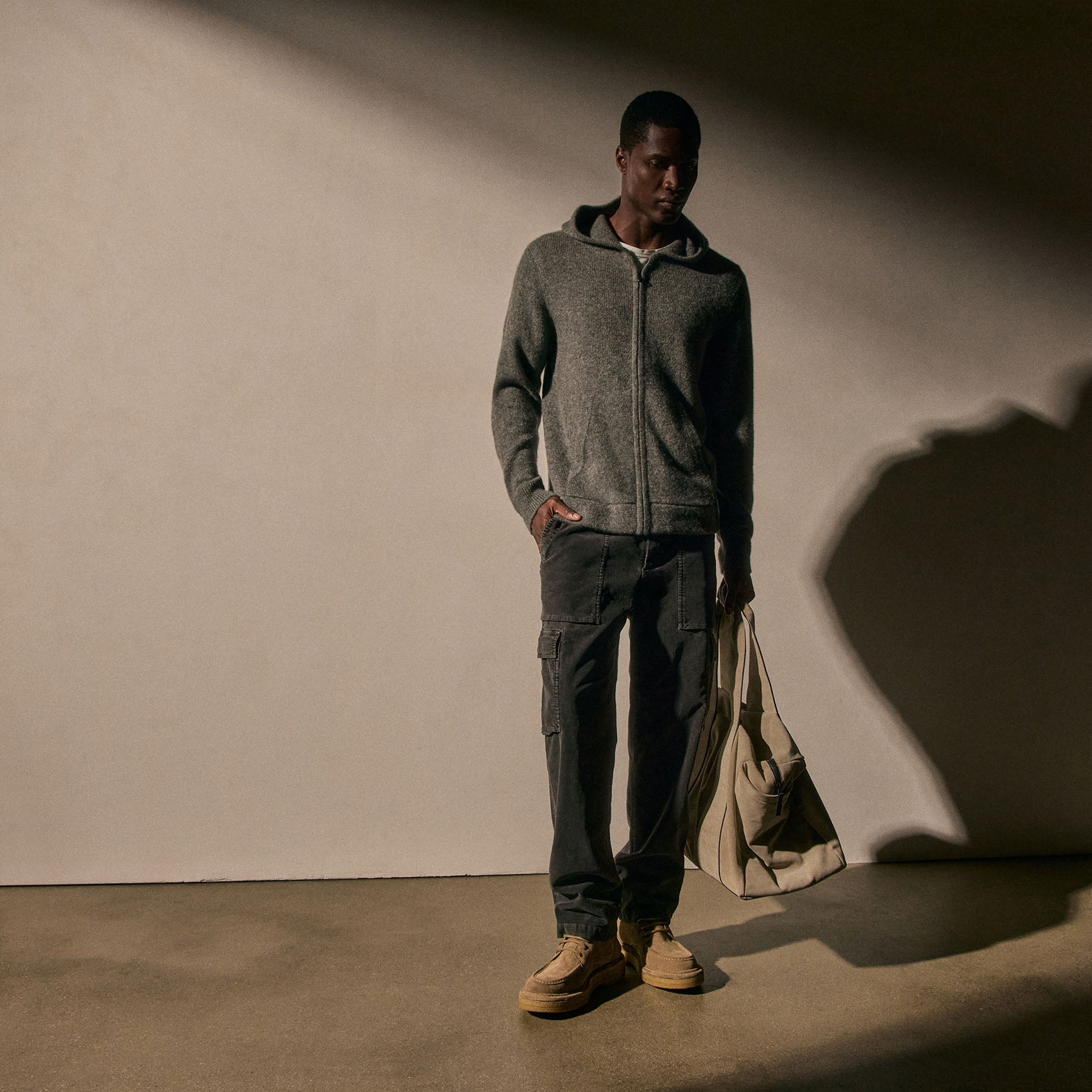 Lightweight Textured Cashmere Knit Zip Up Hoodie - Thunder | James