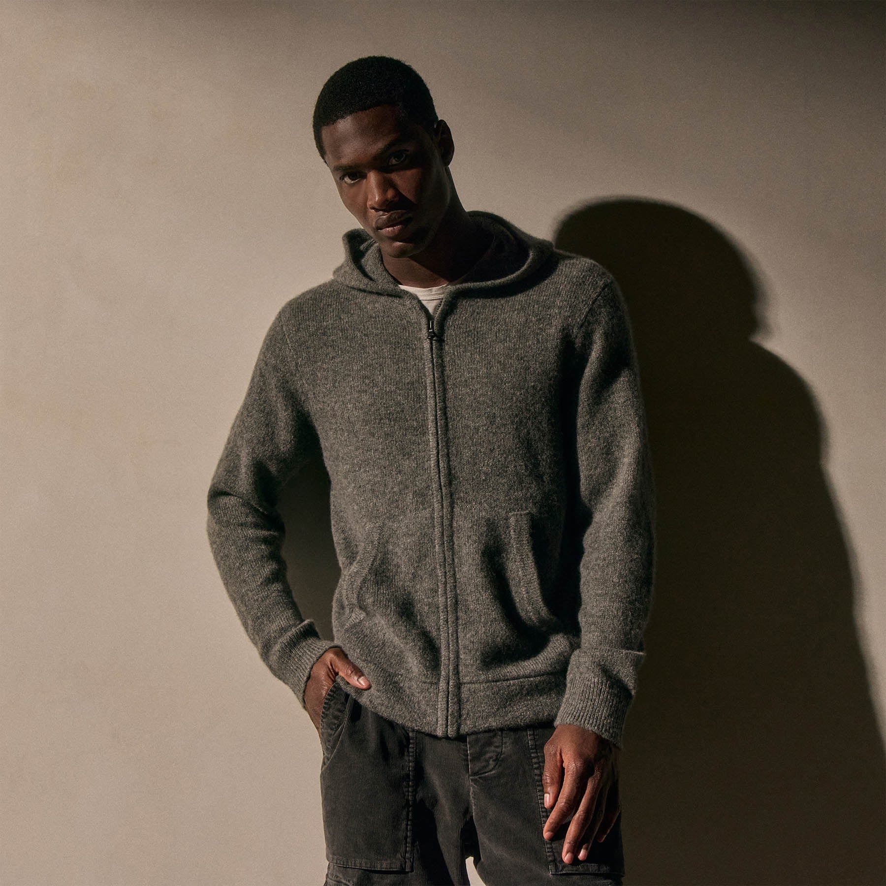 Lightweight Textured Cashmere Knit Zip Up Hoodie - Thunder | James
