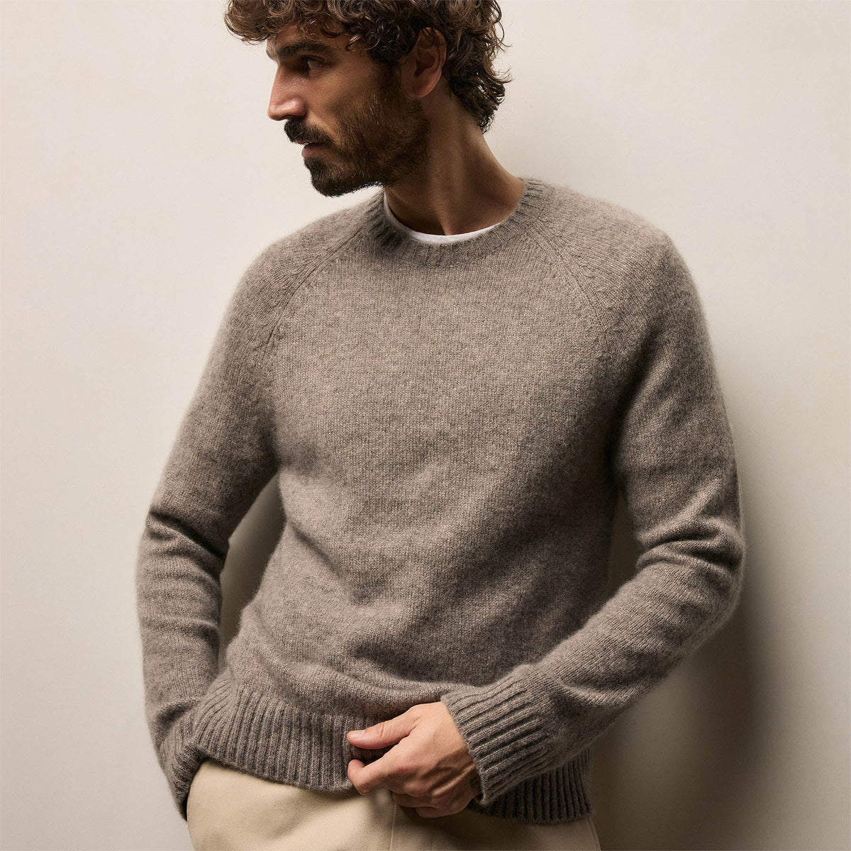 Lightweight Textured Cashmere Crew in Beige Melange | James Perse Los Angeles