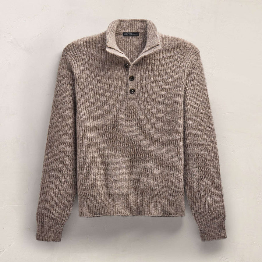 Lightweight Cashmere Button Funnel Neck in Beige Melange | James Perse Los Angeles FLAT