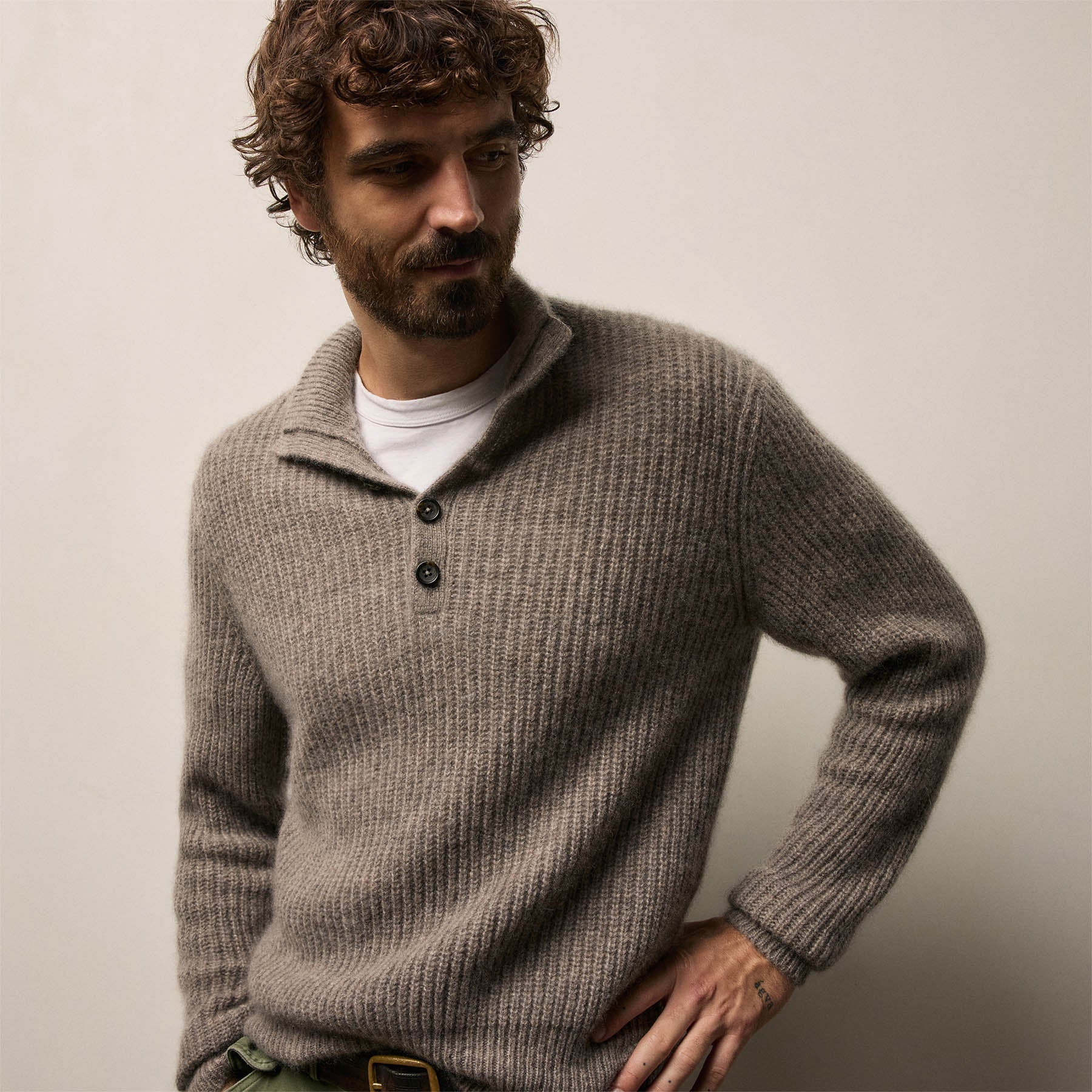 Lightweight Cashmere 1/4 Button Sweater in Beige Melange | James Perse Los Angeles